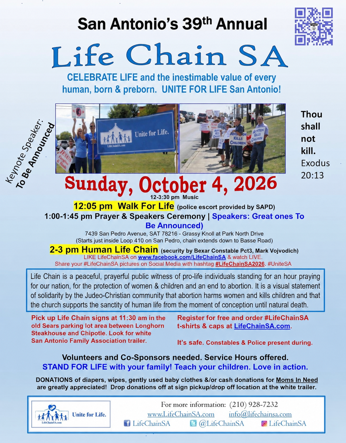 Life Chain SA 2026 event flyer: Sunday, October 4, noon to 3:30 PM at 7439 San Pedro Avenue.